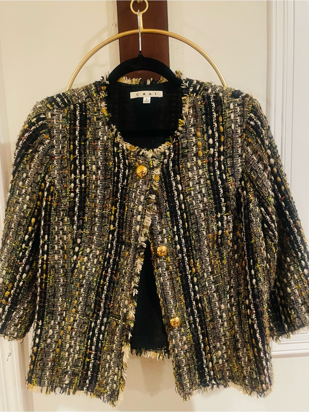 CAbi Black & Gold Tweed Bouclé Jacket with Fringe